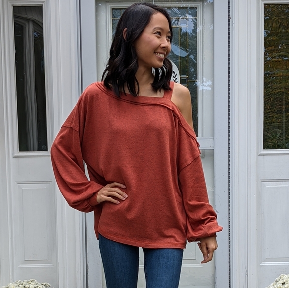 Rust Orange Shoulder Cut Out Long Sleeve Top - Picture 5 of 12